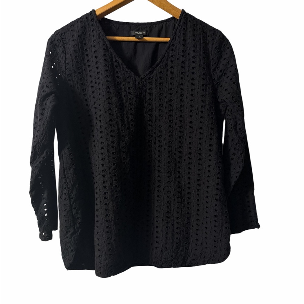 Ann Taylor Black Eyelet V-Neck Blouse